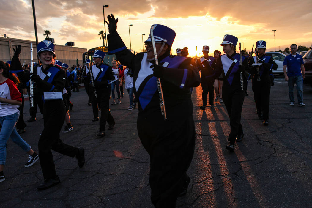 Miya Morales of Basic Academy's Band marches toward the stadium before the start of a football game against Canyon Springs at Basic High School in Henderson, Friday, Sept. 15, 2017. Joel Angel Jua ...