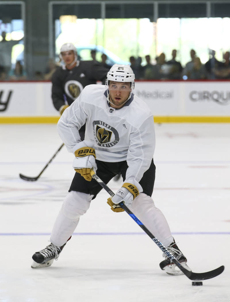 Vegas Golden Knights centerman Stefan Matteau (25) takes part in a drill during the NHL team's practice at the City National Arena in Las Vegas, Saturday, Sept. 16, 2017. Richard Brian Las Vegas R ...
