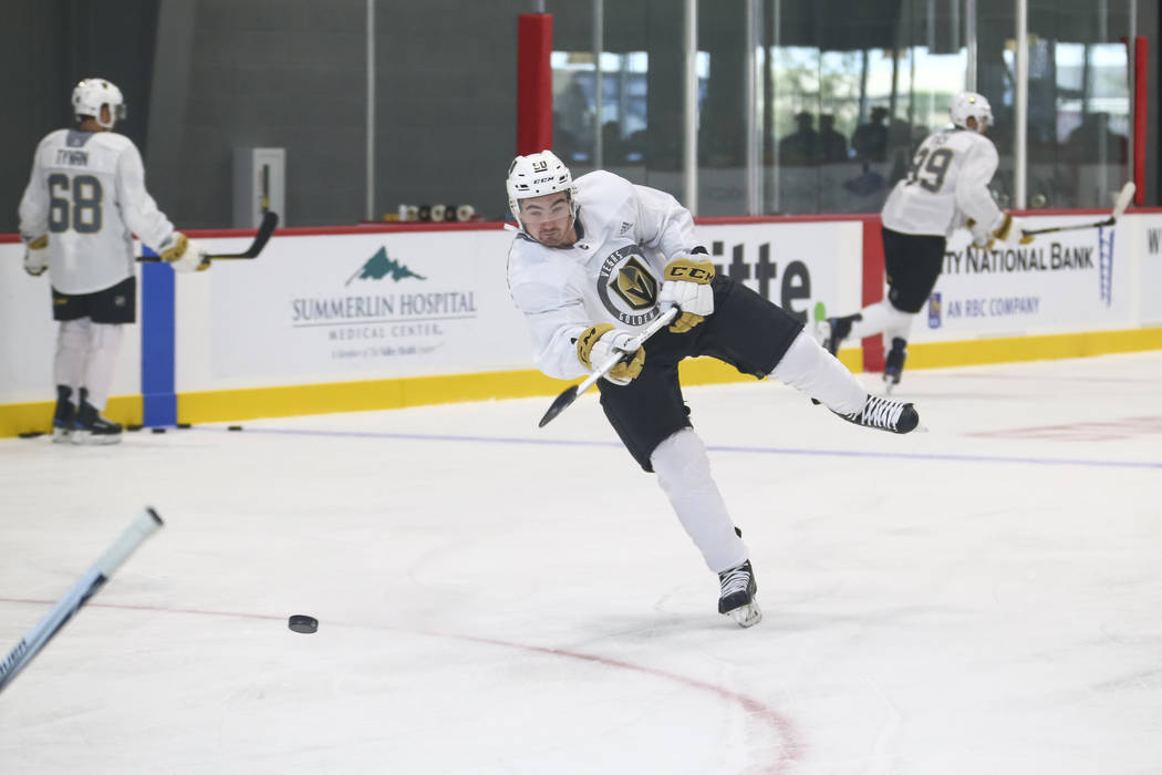 Vegas Golden Knights forward Patrick Bajkov (50) takes part in a drill during the NHL team's practice at the City National Arena in Las Vegas, Saturday, Sept. 16, 2017. Richard Brian Las Vegas Rev ...