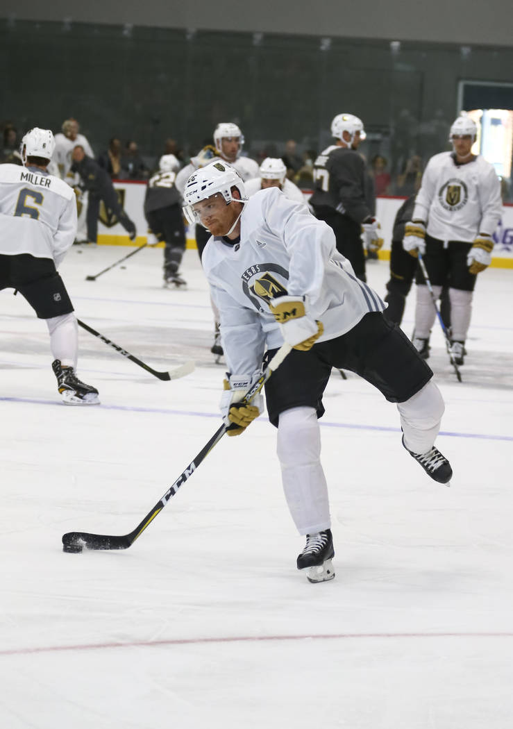 Vegas Golden Knights left defenseman Nate Schmidt (88) takes part in a drill during the NHL team's practice at the City National Arena in Las Vegas, Saturday, Sept. 16, 2017. Richard Brian Las Veg ...