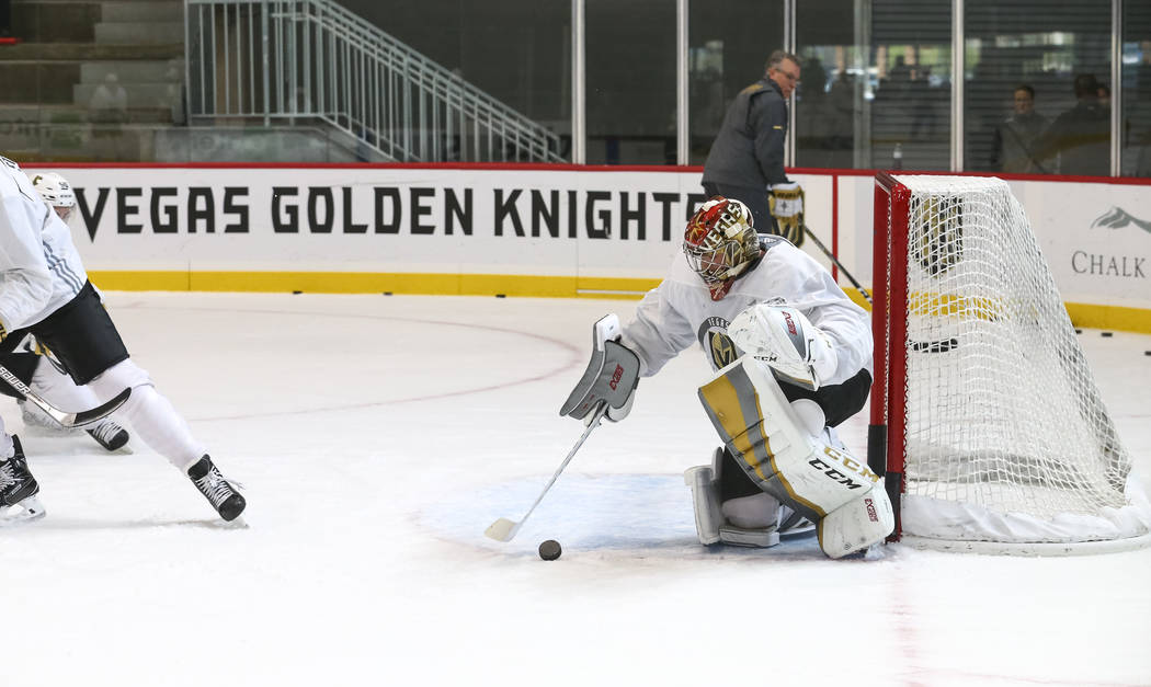 Vegas Golden Knights goaltender Maxime Lagace (33) protects his net during the NHL team's practice at the City National Arena in Las Vegas, Saturday, Sept. 16, 2017. Richard Brian Las Vegas Review ...