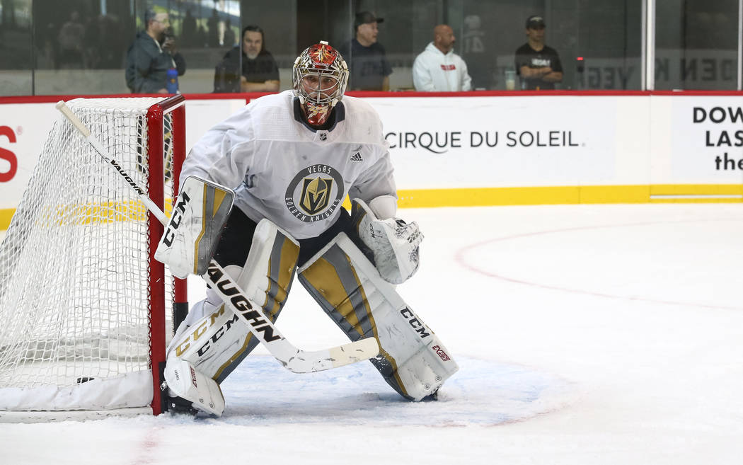 Vegas Golden Knights goaltender Maxime Lagace (33) protects his net during the NHL team's practice at the City National Arena in Las Vegas, Saturday, Sept. 16, 2017. Richard Brian Las Vegas Review ...