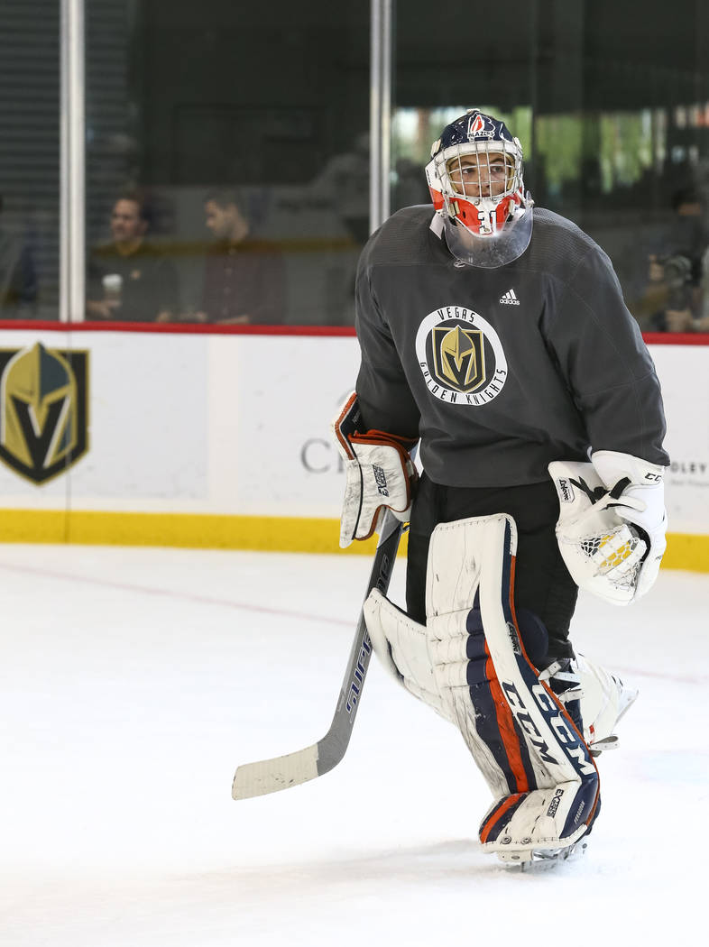 Vegas Golden Knights goaltender Dylan Ferguson (1) takes part in a scrimmage game during the NHL team's practice at the City National Arena in Las Vegas, Saturday, Sept. 16, 2017. Richard Brian La ...