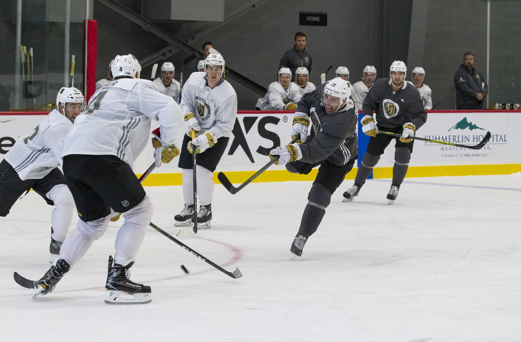 Vegas Golden Knights right wing Reilly Smith (19) takes a slapshot in a scrimmage game during the NHL team's practice at the City National Arena in Las Vegas, Saturday, Sept. 16, 2017. Richard Bri ...