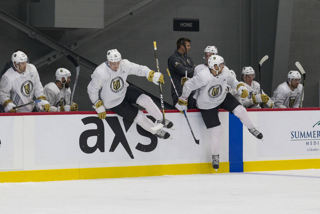 Vegas Golden Knights players jump out for a shift change in a scrimmage game during the NHL team's practice at the City National Arena in Las Vegas, Saturday, Sept. 16, 2017. Richard Brian Las Veg ...