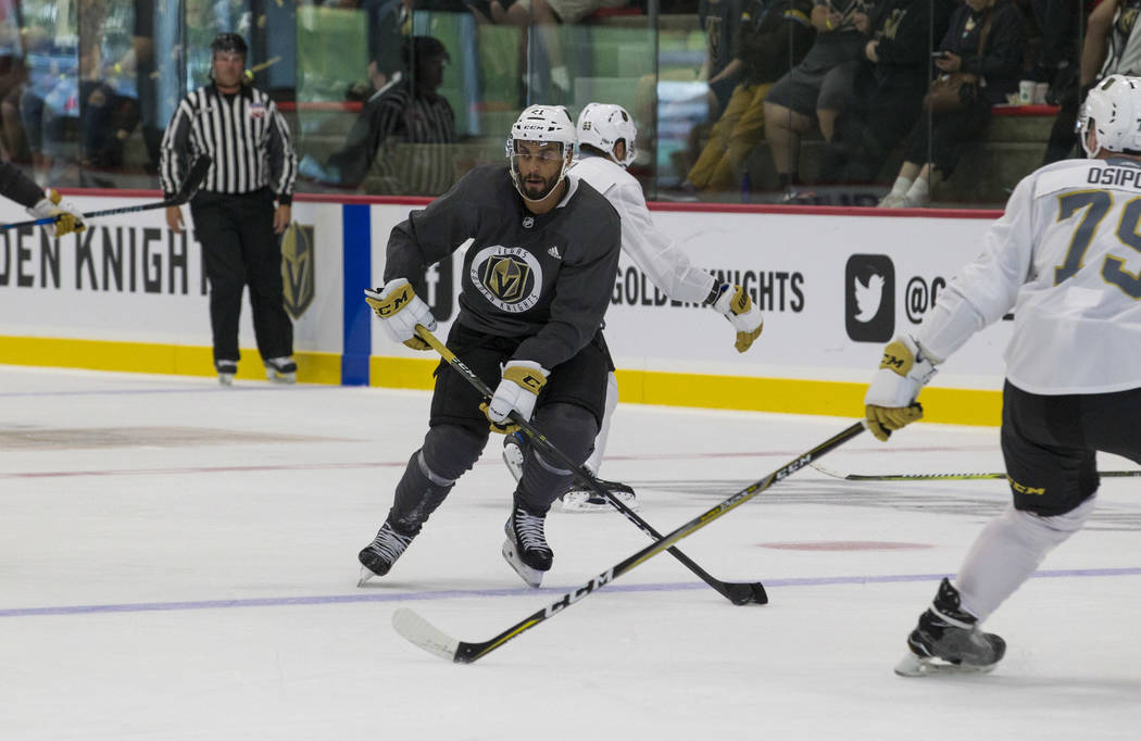 Vegas Golden Knights left wing Pierre-Edouard Bellemare (41) looks for a pass in a scrimmage game during the NHL team's practice at the City National Arena in Las Vegas, Saturday, Sept. 16, 2017.  ...