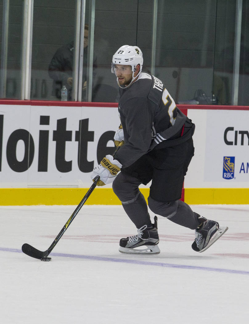 Vegas Golden Knights left defenseman Shea Theodore (27) takes a shot during a scrimmage game during the NHL team's practice at the City National Arena in Las Vegas, Saturday, Sept. 16, 2017. Richa ...