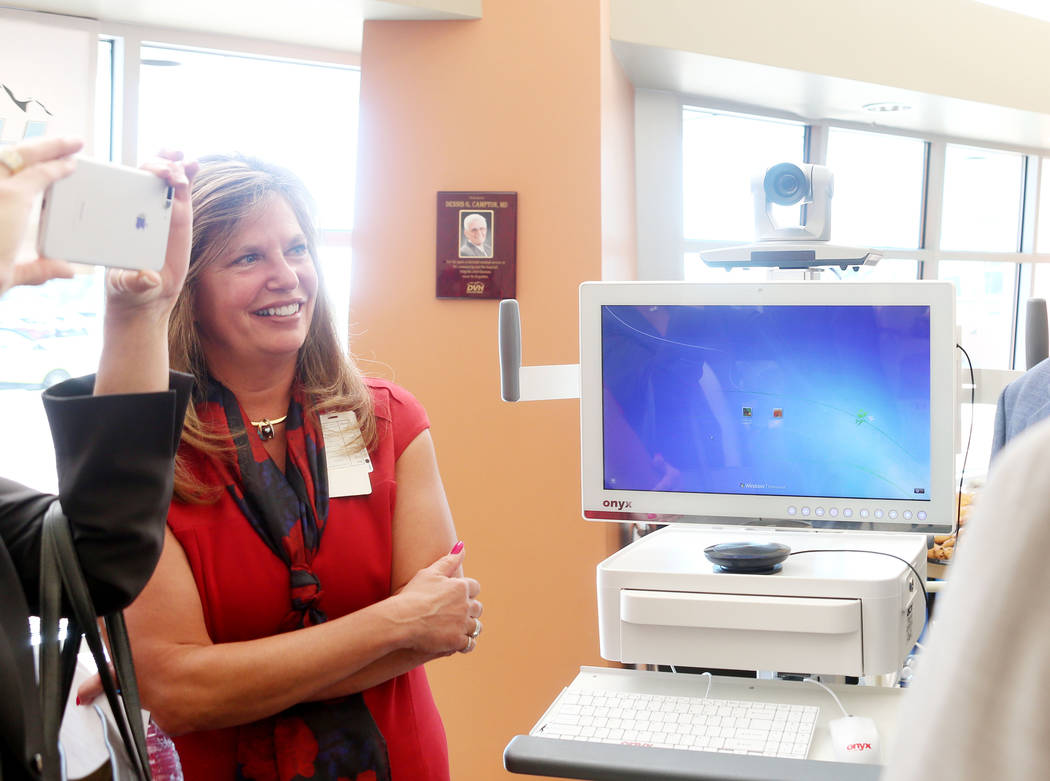 Desert View Hospital CEO Susan Davila discusses the new Telehealth technology after a demonstration during the Nevada Hospital Association's and the technology company Switch's announcement of the ...