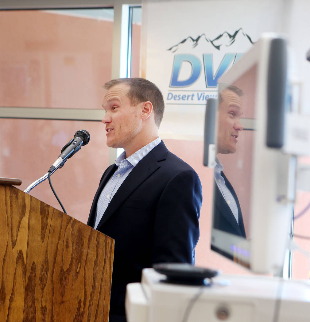 Project technical reviewer at Inspired Technologies Nick Routa gives a project overview during the Nevada Hospital Association and the technology company Switch announcement a Nevada Broadband Tel ...