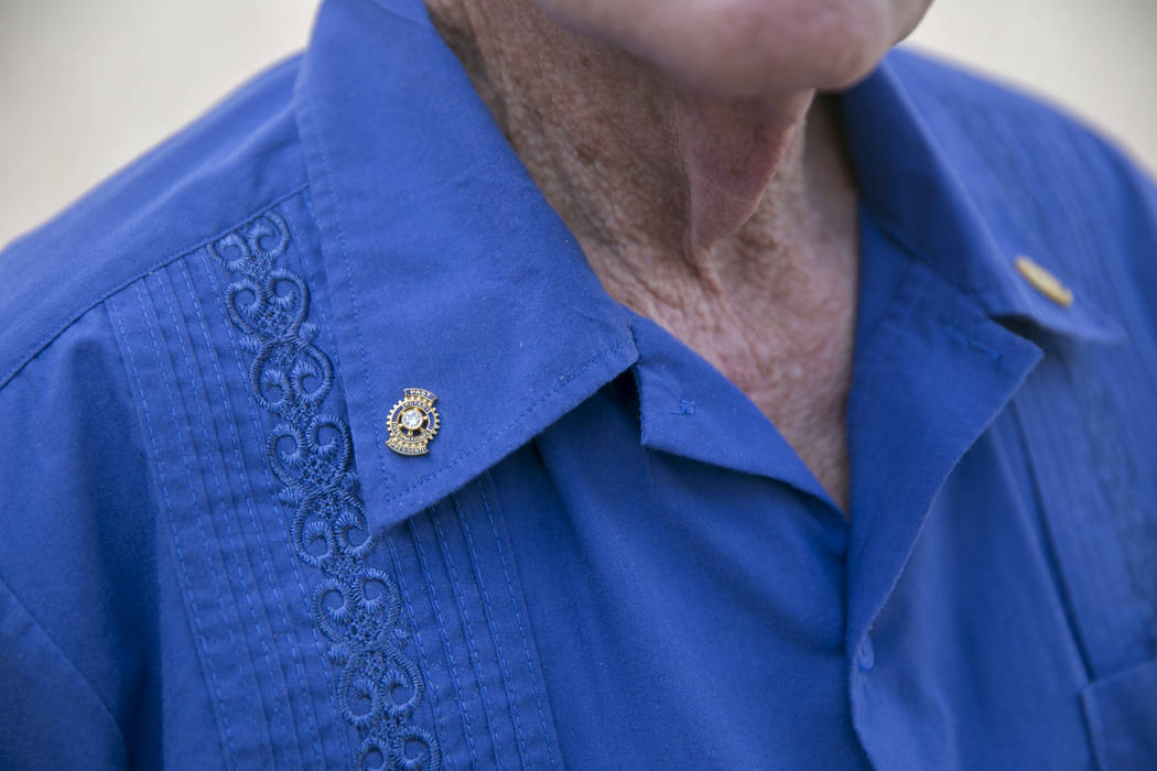 Dennis Ortwein's Rotary Club pins sit neatly on his shirt at his home in Summerlin, Las Vegas, on Wednesday, Sept. 13, 2017. Ortwein  has been a Rotary Club member for 51 years. Gabriella Angotti- ...