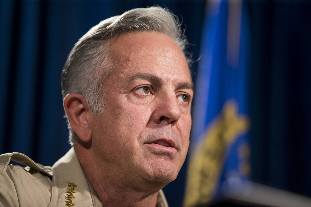 Sheriff Joe Lombardo during a press conference on an incident involving NFL football player Michael Bennett, at the Las Vegas Metropolitan Police Headquarters in Las Vegas, Friday, Sept. 29, 2017. ...