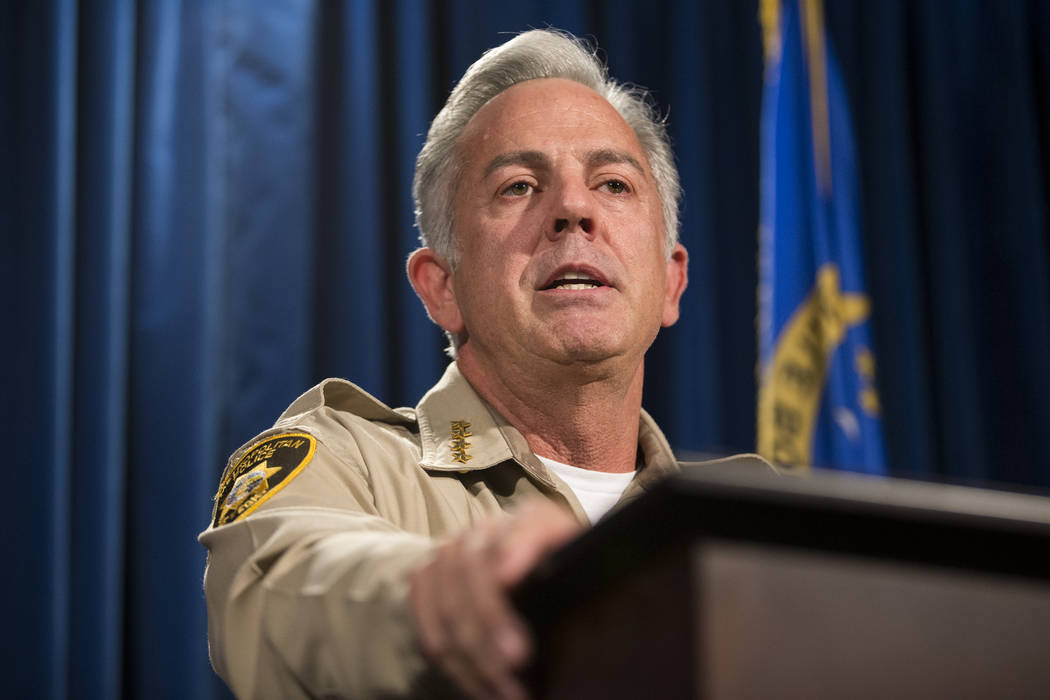 Sheriff Joe Lombardo during a press conference on an incident involving NFL football player Michael Bennett, at the Las Vegas Metropolitan Police Headquarters in Las Vegas, Friday, Sept. 29, 2017. ...