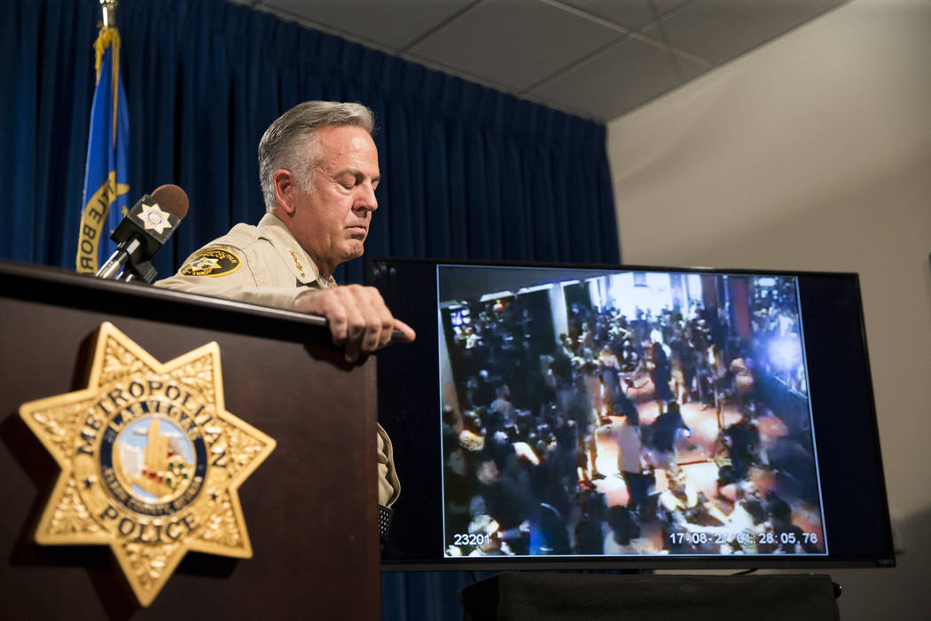 Sheriff Joe Lombardo during a press conference on an incident involving NFL football player Michael Bennett, at the Las Vegas Metropolitan Police Headquarters in Las Vegas, Friday, Sept. 29, 2017. ...