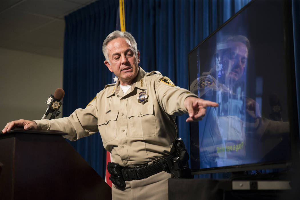 Sheriff Joe Lombardo during a press conference on an incident involving NFL football player Michael Bennett, at the Las Vegas Metropolitan Police Headquarters in Las Vegas, Friday, Sept. 29, 2017. ...