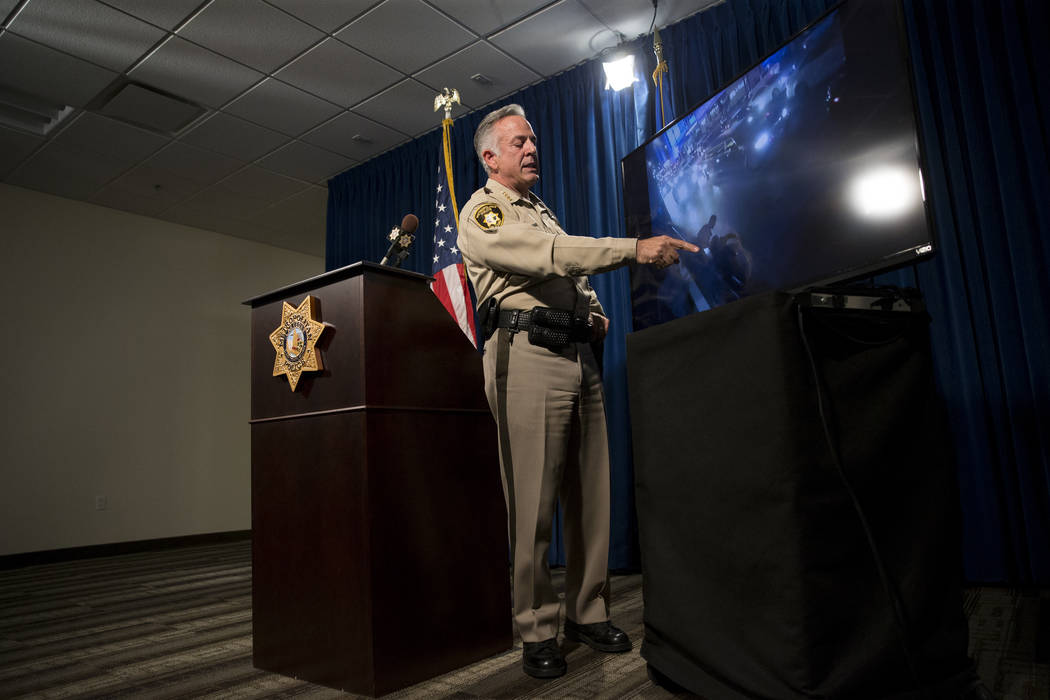 Sheriff Joe Lombardo during a press conference on an incident involving NFL football player Michael Bennett, at the Las Vegas Metropolitan Police Headquarters in Las Vegas, Friday, Sept. 29, 2017. ...