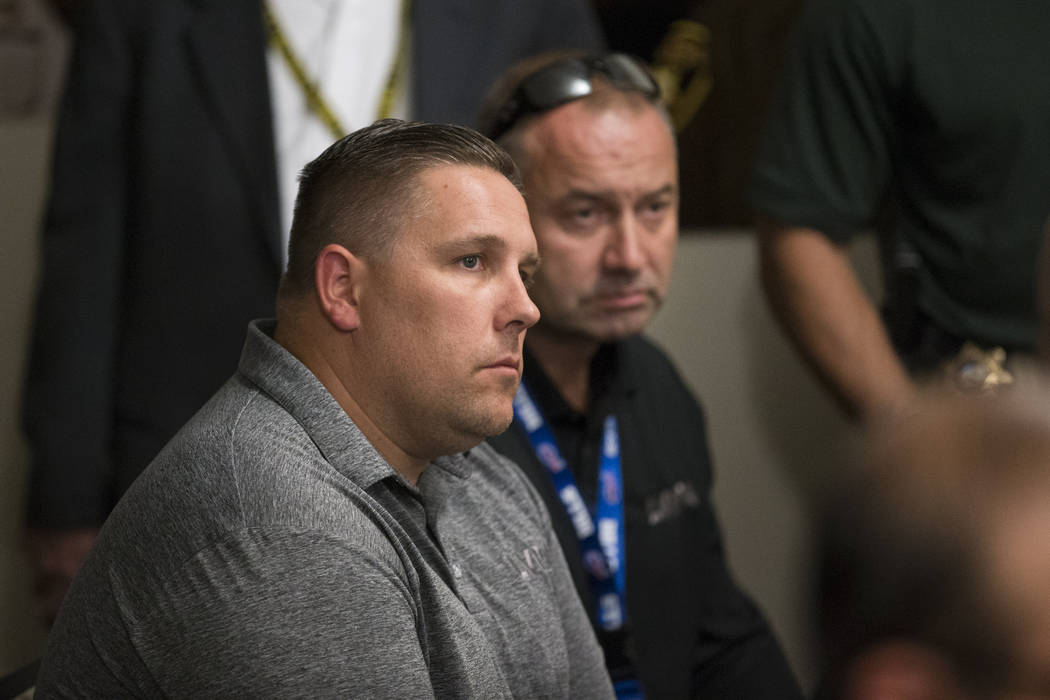 Steve Grammas, president of the Las Vegas Police Protective Association, left, and Scott Nicholas, vice president of LVPPA, during a press conference by Sheriff Joe Lombardo on an incident involvi ...