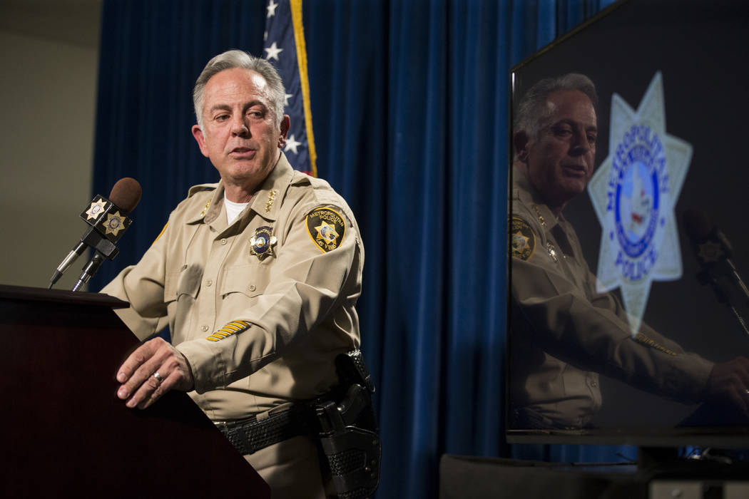 Sheriff Joe Lombardo during a press conference on an incident involving NFL football player Michael Bennett, at the Las Vegas Metropolitan Police Headquarters in Las Vegas, Friday, Sept. 29, 2017. ...