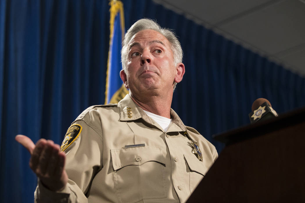 Sheriff Joe Lombardo during a press conference on an incident involving NFL football player Michael Bennett, at the Las Vegas Metropolitan Police Headquarters in Las Vegas, Friday, Sept. 29, 2017. ...
