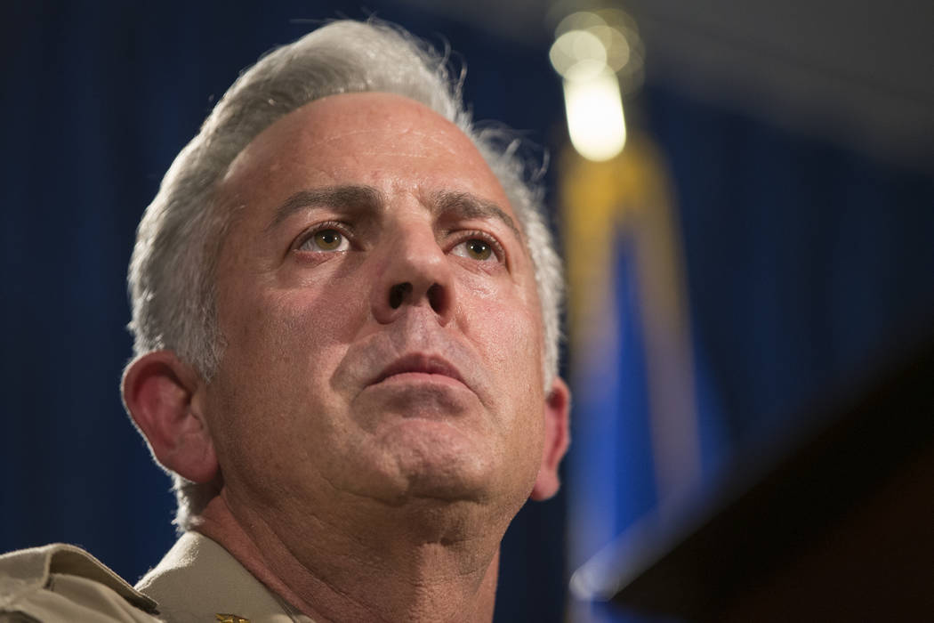 Sheriff Joe Lombardo during a press conference on an incident involving NFL football player Michael Bennett, at the Las Vegas Metropolitan Police Headquarters in Las Vegas, Friday, Sept. 29, 2017. ...