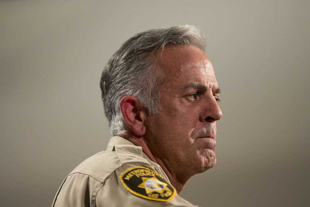 Sheriff Joe Lombardo during a press conference on an incident involving NFL football player Michael Bennett, at the Las Vegas Metropolitan Police Headquarters in Las Vegas, Friday, Sept. 29, 2017. ...