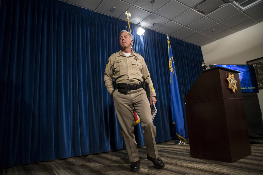 Sheriff Joe Lombardo during a press conference on an incident involving NFL football player Michael Bennett, at the Las Vegas Metropolitan Police Headquarters in Las Vegas, Friday, Sept. 29, 2017. ...