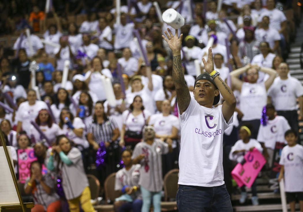 Mark Icuspit of the Cosmopolitan of Las Vegas competes in the toilet paper toss competition as part of the Housekeeping Olympics at the Mandalay Bay Events Center in Las Vegas on Wednesday, Sept.  ...