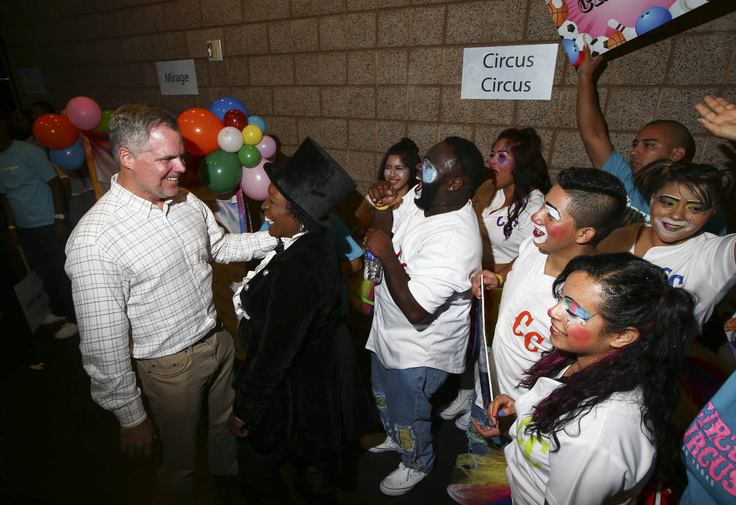 MGM Resorts CEO Jim Murren, left, talks with Amanda Smith of the Circus Circus during the Housekeeping Olympics at the Mandalay Bay Events Center in Las Vegas on Wednesday, Sept. 13, 2017. The com ...