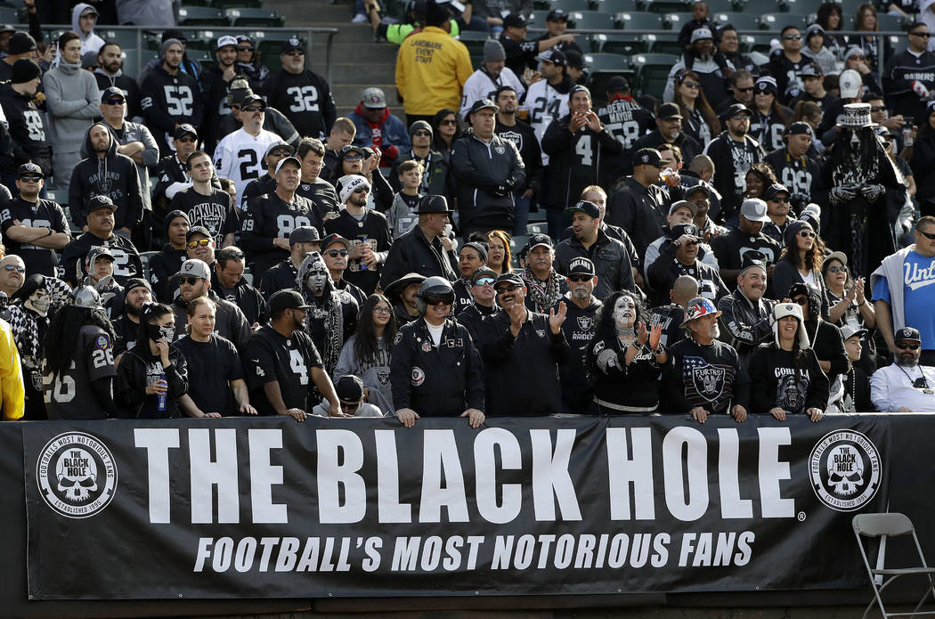 Oakland Raiders fans in the Black Hole before an NFL football game between the Oakland Raiders and the Carolina Panthers in Oakland, Calif., Sunday, Nov. 27, 2016. (AP Photo/Marcio Jose Sanchez)