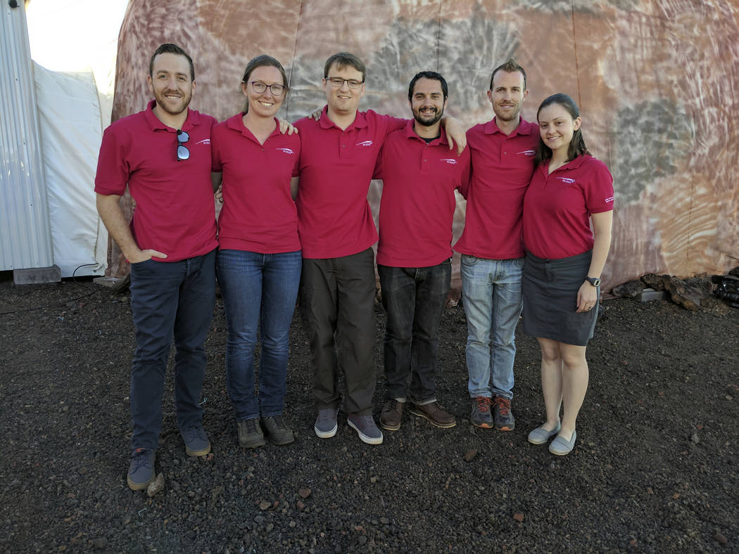 This Jan. 19, 2017, photo released by the University of Hawaii shows the university’s Hawaii Space Exploration Analog and Simulation (HI-SEAS) crew members, from left, Joshua Ehrlich, Mission Sp ...