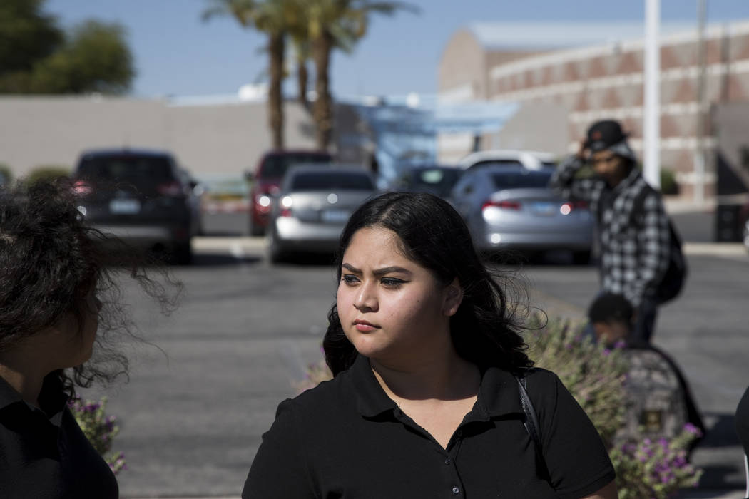 Itzel Mejia, 17, student concerned about budget cuts at Burk Horizon High School, outside of her school in Las Vegas, Wednesday, Sept. 20, 2017. The school is facing budget cuts that threatens to  ...