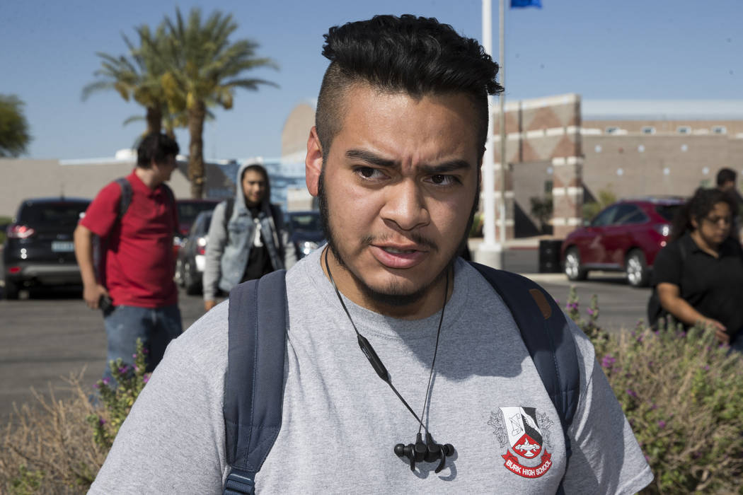 Anthony Ramirez, 17, student concerned about budget cuts at Burk Horizon High School, is interviewed outside of his school in Las Vegas, Wednesday, Sept. 20, 2017. The school is facing budget cuts ...