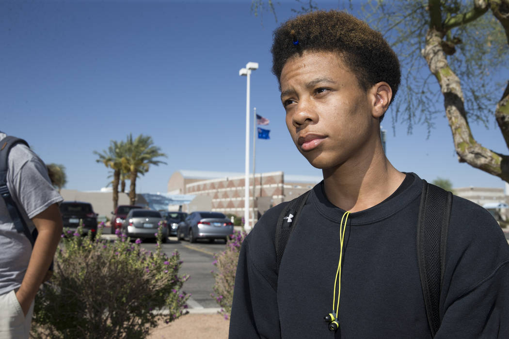 Naseem Evans, 18, student concerned about budget cuts at Burk Horizon High School, is interviewed outside of his school in Las Vegas, Wednesday, Sept. 20, 2017. The school is facing budget cuts th ...