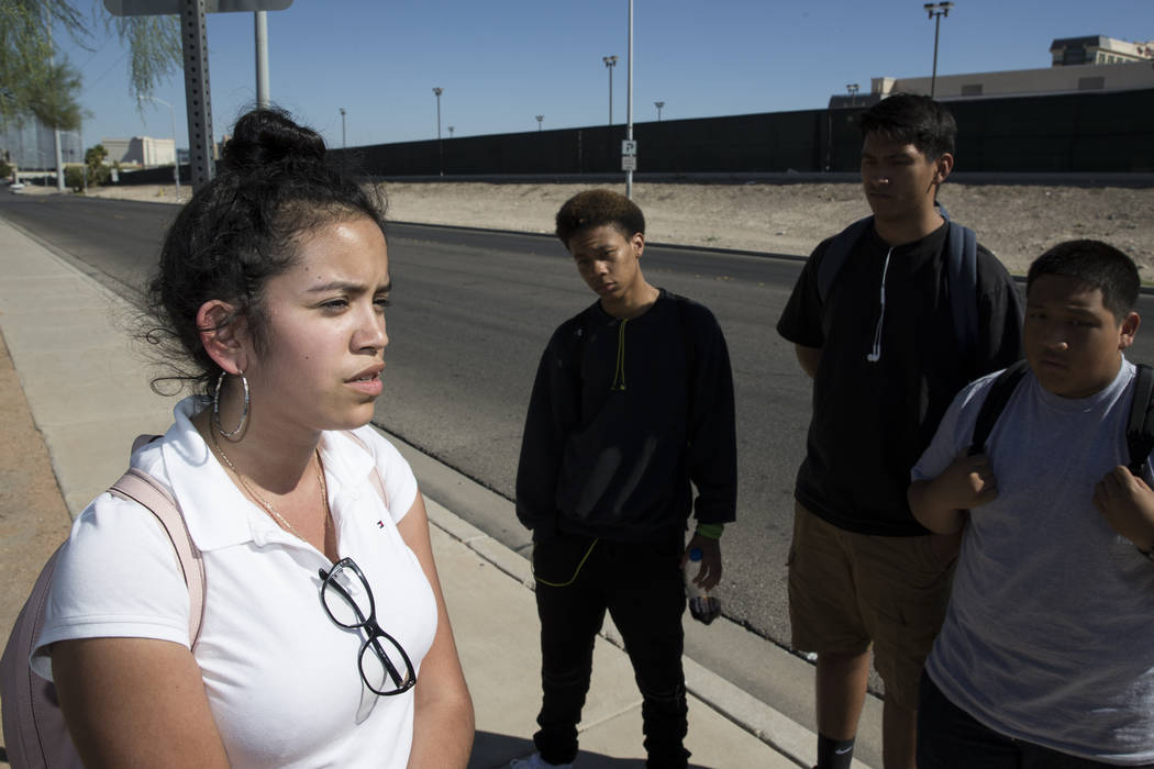 Students at Burk Horizon High School from left, Nez Garduno-Padilla, 18, is interviewed on budget cuts to her school as her classmates Naseem Evans, 18, Juan Rios, 17, and Eduardo Juc, 16, stand i ...
