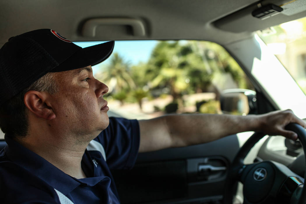Rick Lewis, a driver for same-day delivery service Dropoff, is en route to deliver a package from Sprinkles located in The Linq Hotel Monday, Sept. 18, 2017 in Las Vegas. (Joel Angel Juarez/Las Ve ...