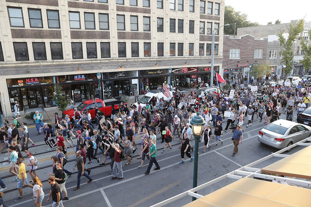 Protesters gather on a street in St. Louis, Mo., on Saturday, Sept. 16, 2017, in response to a not guilty verdict in the trial of former St. Louis Police officer Jason Stockley. (AP Photo/Jeff Rob ...