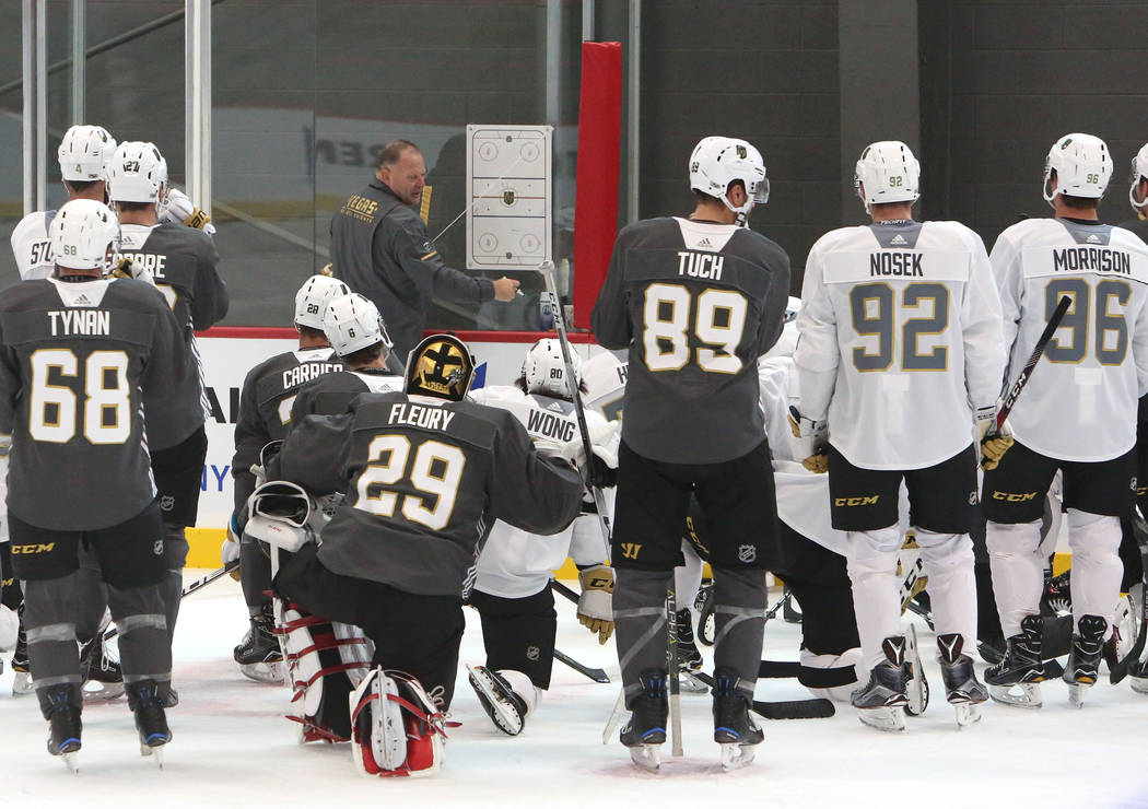 Golden Knights head coach Gerard Gallant, center, lays out a practice plan during team's practice at City National Arena on Monday, Sept. 18, 2017, in Las Vegas. Bizuayehu Tesfaye Las Vegas Review ...