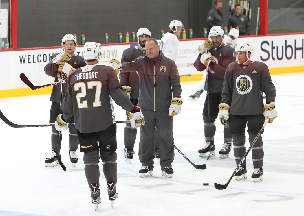 Golden Knights head coach Gerard Gallant, center, lays out a practice plan during team's practice at City National Arena on Monday, Sept. 18, 2017, in Las Vegas. Bizuayehu Tesfaye Las Vegas Review ...