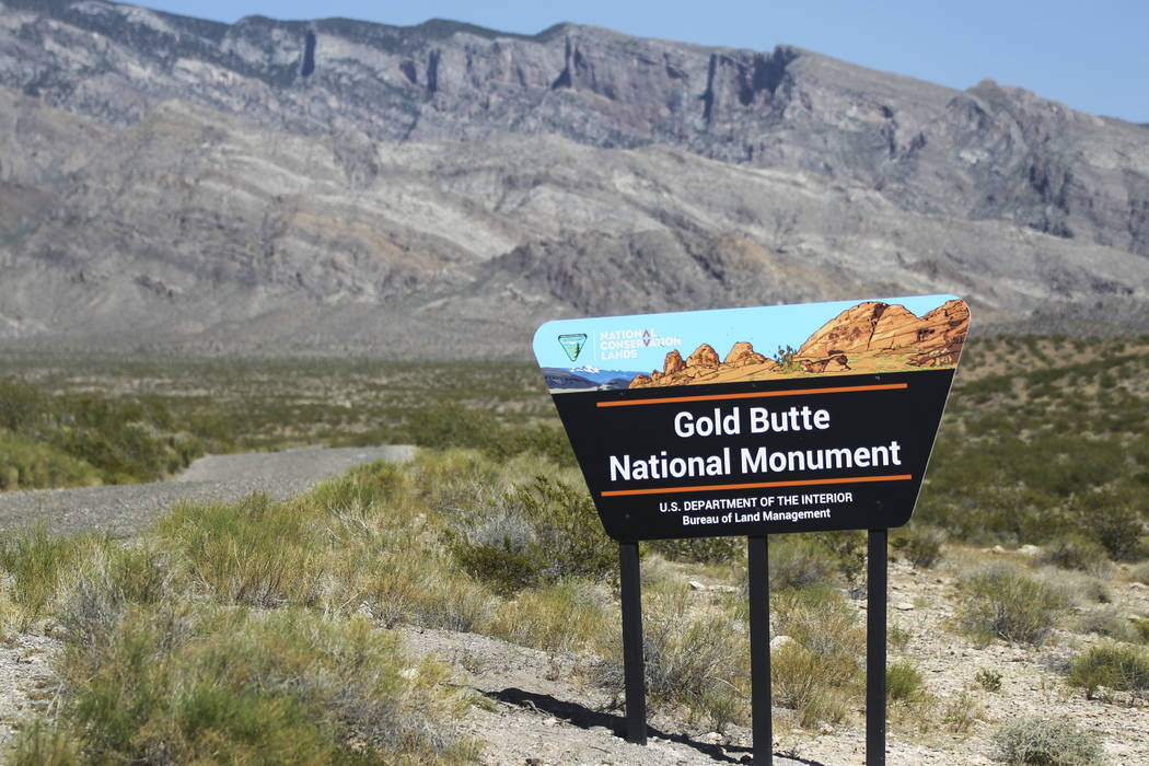 A sign marks the Gold Butte National Monument south of Bunkerville on Friday, June 2, 2017. Chase Stevens Las Vegas Review-Journal @csstevensphoto