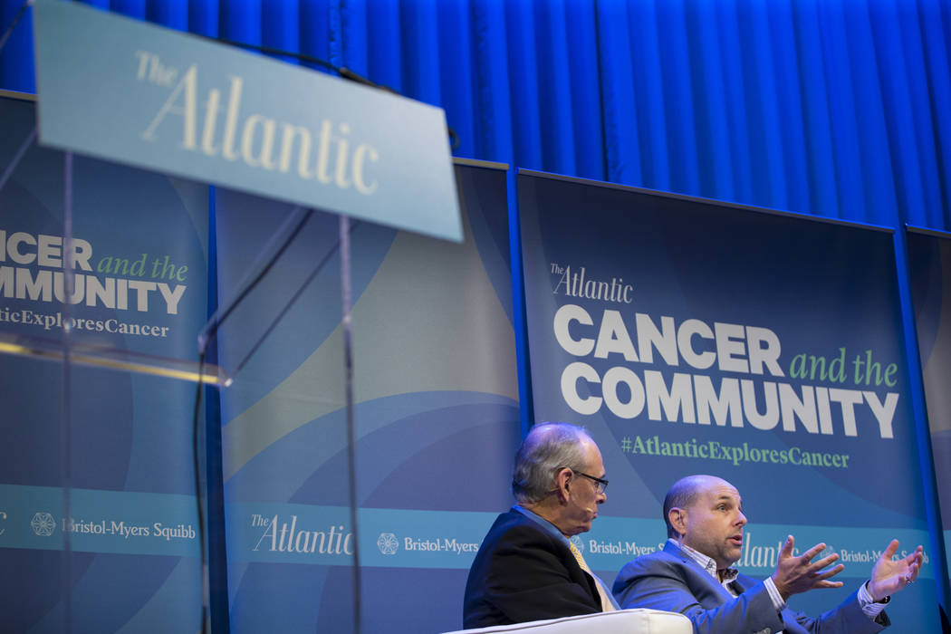 Richard Wender, left, chief cancer control officer for the American Cancer Society, and Matthew Zachary, founder and CEO of Stupid Cancer, during The Atlantic Cancer and the Community conference a ...