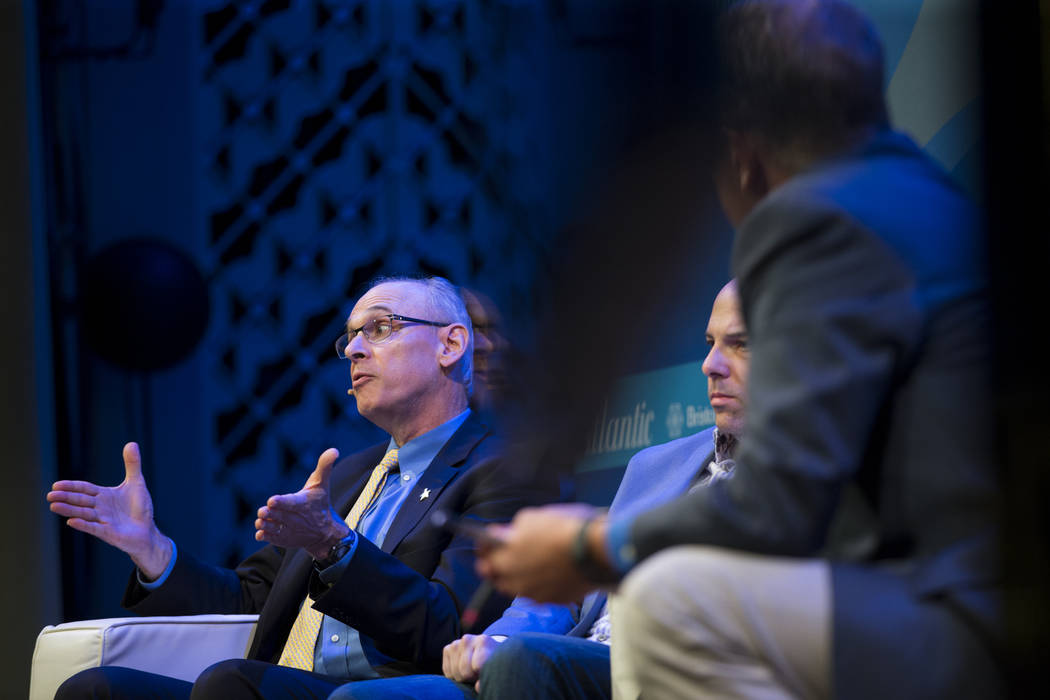 Richard Wender, left, chief cancer control officer for the American Cancer Society, during The Atlantic Cancer and the Community conference at the Cabaret Jazz at The Smith Center in Las Vegas, We ...