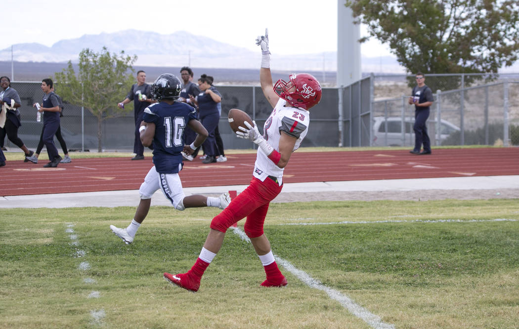 Arbor View's Deago Stubbs (23) celebrates after scoring a touchdown against Shadow Ridge during a football game at Shadow Ridge High School on Saturday, Sept. 23, 2017, in Las Vegas. Richard Brian ...