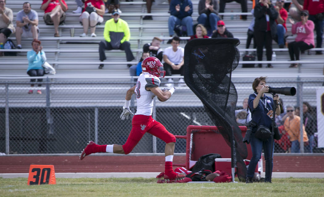 Arbor View's Deago Stubbs (23) breaks away for a touchdown against Shadow Ridge during a football game at Shadow Ridge High School on Saturday, Sept. 23, 2017, in Las Vegas. Richard Brian Las Vega ...