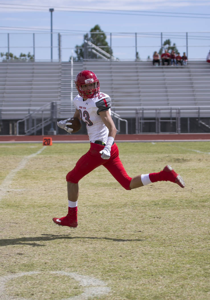 Arbor View's Deago Stubbs (23) runs the ball for a touchdown against Shadow Ridge during a football game at Shadow Ridge High School on Saturday, Sept. 23, 2017, in Las Vegas. Richard Brian Las Ve ...