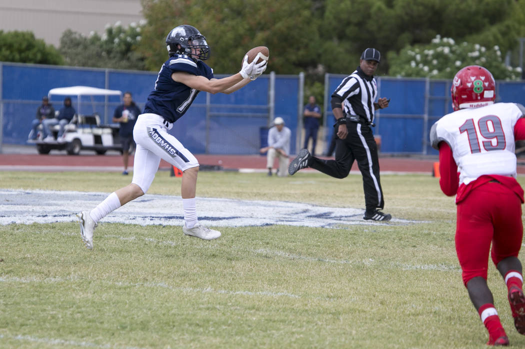 Shadow Ridge's Kimo Kahanu (11) makes a catch against Arbor View during a football game at Shadow Ridge High School on Saturday, Sept. 23, 2017, in Las Vegas. Richard Brian Las Vegas Review-Journa ...