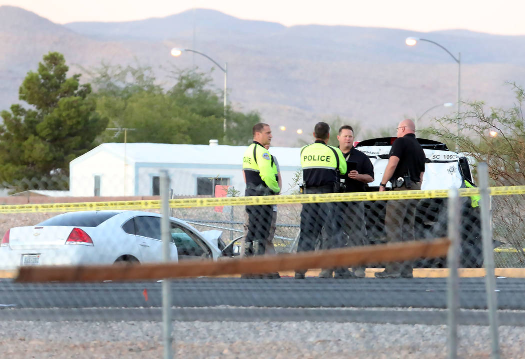 Las  Vegas police investigate a fatal crash involving a Las Vegas police patrol vehicle near Las Vegas Boulevard South and Serene Avenue on Wednesday, Sept. 20, 2017. (Bizuayehu Tesfaye/Las Vegas  ...