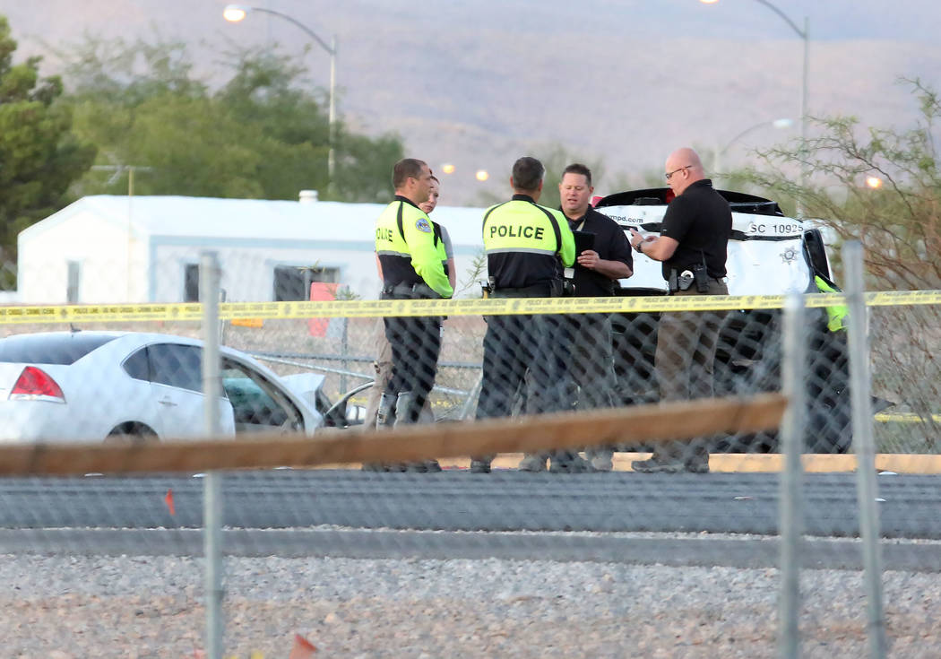 Las  Vegas police investigate a fatal crash involving a Las Vegas police patrol vehicle near Las Vegas Boulevard South and Serene Avenue on Wednesday, Sept. 20, 2017. (Bizuayehu Tesfaye/Las Vegas  ...