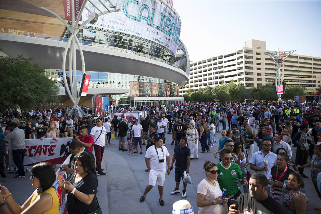 Fans outside of T-Mobile Arena in Las Vegas where Saul Canelo Alvarez and Gennady GGG Golovkin at scheduled to fight in a championship bout, Saturday, Sept. 16, 2017. (Erik Verduzco/Las Vegas Revi ...
