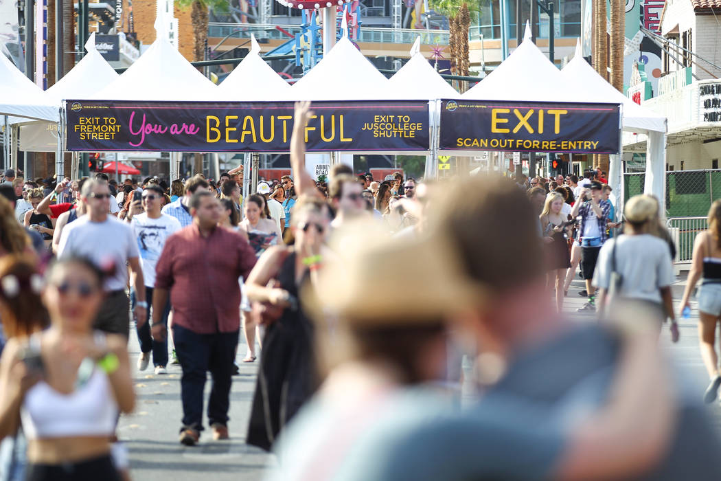 Attendees enter the festival grounds during the Life is Beautiful festival in downtown Las Vegas on Friday, Sept. 25, 2015. Chase Stevens/Las Vegas Review-Journal Follow @csstevensphoto