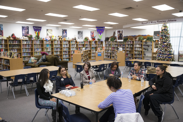 Monaco Middle School reorganization members including principal Lisa Medina, second from left, and other prospective team members participate in a meeting with the Las Vegas Review-Journal at Mona ...