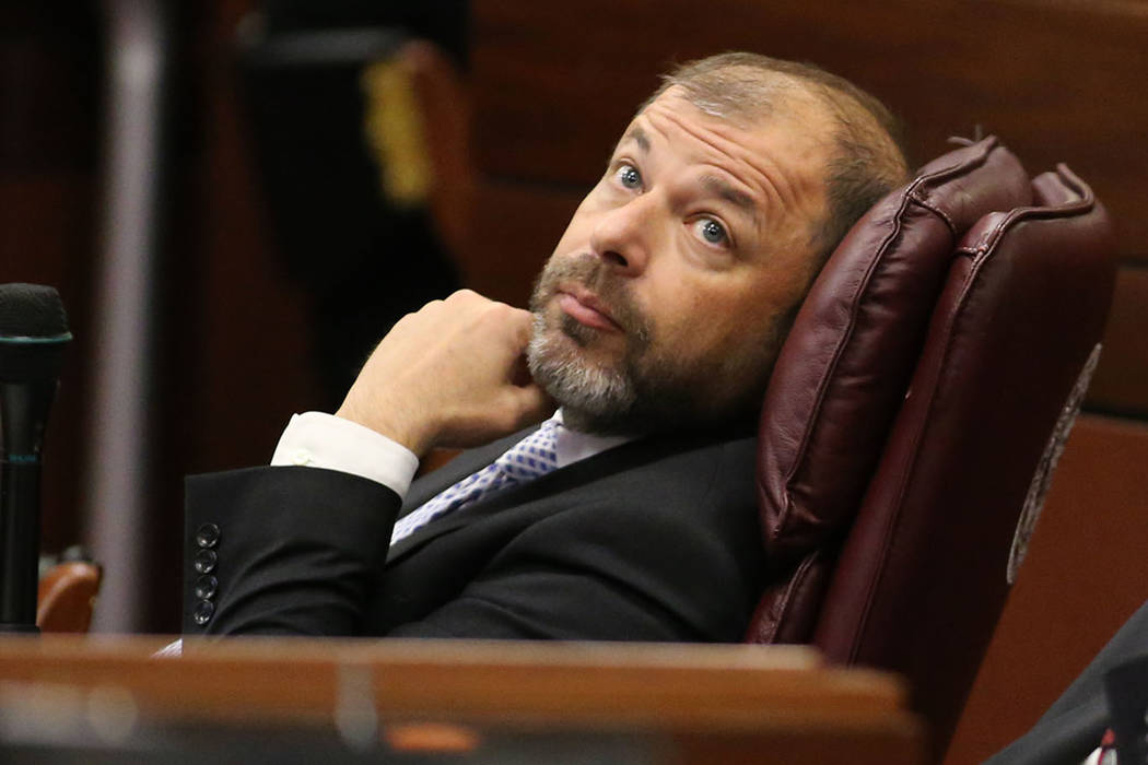 Nevada Assembly Republicans Paul Anderson watches the final minutes of the session tick away at the Legislative Building in Carson City, Nev., on Monday, June 1, 2015. (Cathleen Allison/Las Vegas ...